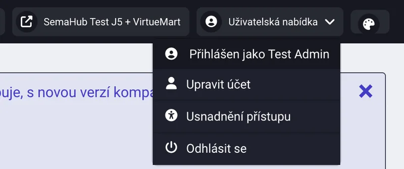 Uživatelská nabídka v administraci Joomla s položkou Upravit účet