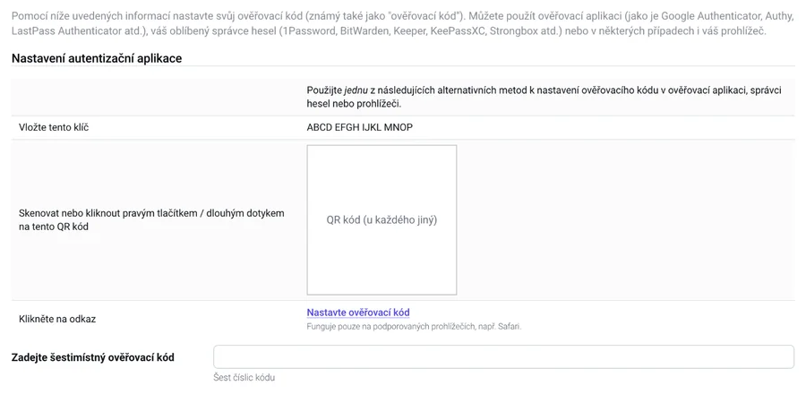 Stránka s klíčem, QR kódem a polem pro šestimístný ověřovací kód