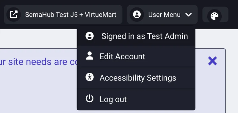 User menu in the Joomla administration with the Edit Account item