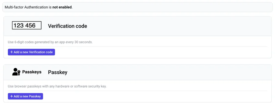 Multi-factor Authentication tab listing the Verification Code and Passkey methods