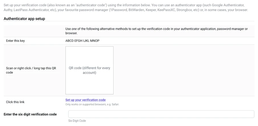 Page with the key, the QR code and the field for the six-digit verification code