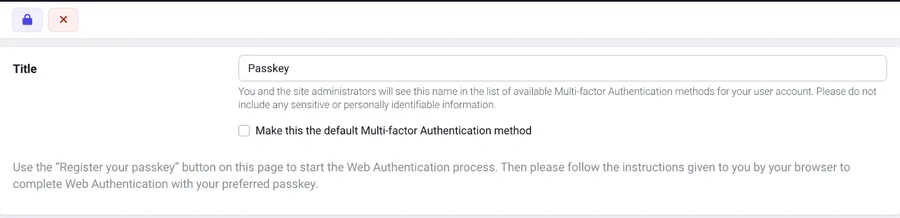 Passkey registration form with the lock icon in the toolbar
