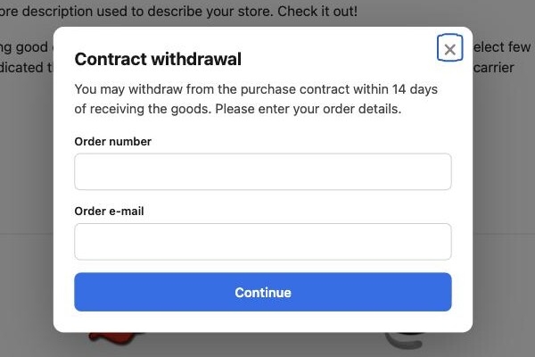 Contract withdrawal form on the shop