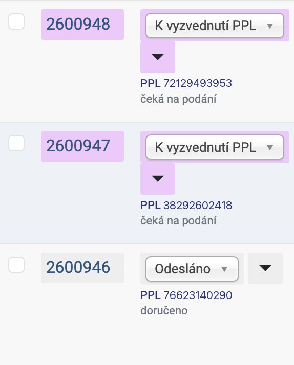 Čísla a stavy zásilek PPL v přehledu objednávek