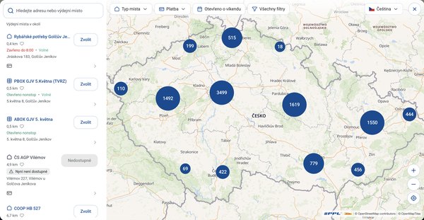 Mapa výdejních míst PPL v košíku