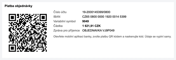 QR kód v potvrzovacím e-mailu objednávky