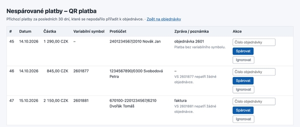 Nespárované platby v administraci: ruční spárování s objednávkou nebo ignorování